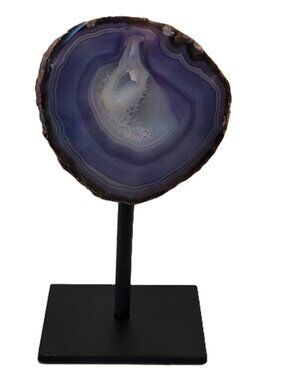 Natural Brazilian Deep Purple Druzy Agate Geode Slice on Metal Stand 8" High